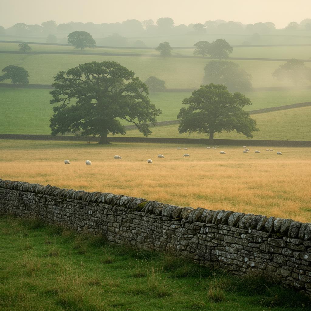 Rolling Cotswold countryside with dry stone wall and grazing sheep